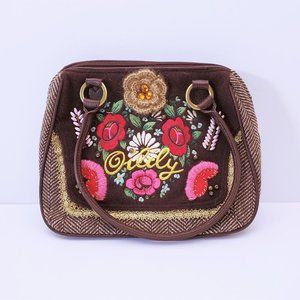 Oilily Tweed & Leather Floral Embroidered Handbag